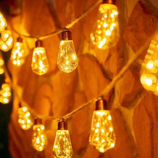 Solar Edison Bulb String Lights – 5M 10 LED Warm White Hanging Lights, Vintage Jute Rope Outdoor Garden Decor