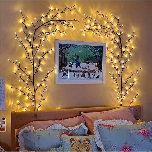 LED Lighted Twig Branch Garland with Remote Control – USB Powered Warm White Fairy Lights, 72/96/144 LEDs