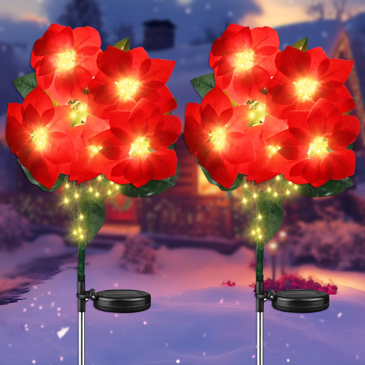 Solar Poinsettia Christmas Lights – 5-Bloom Outdoor Garden Stakes