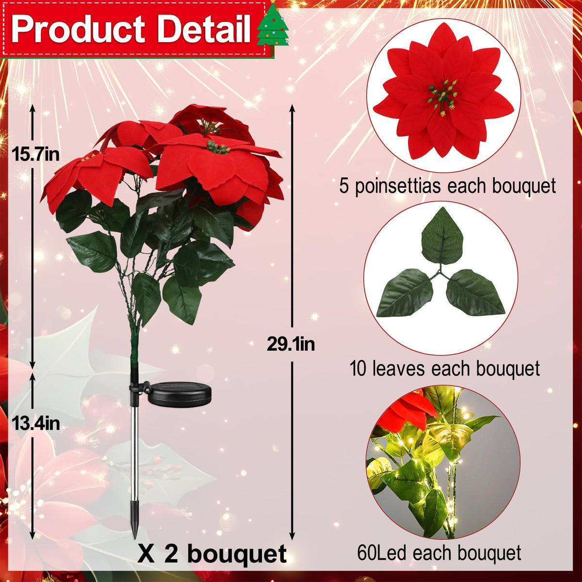 Solar Poinsettia Christmas Lights – 5-Bloom Outdoor Garden Stakes