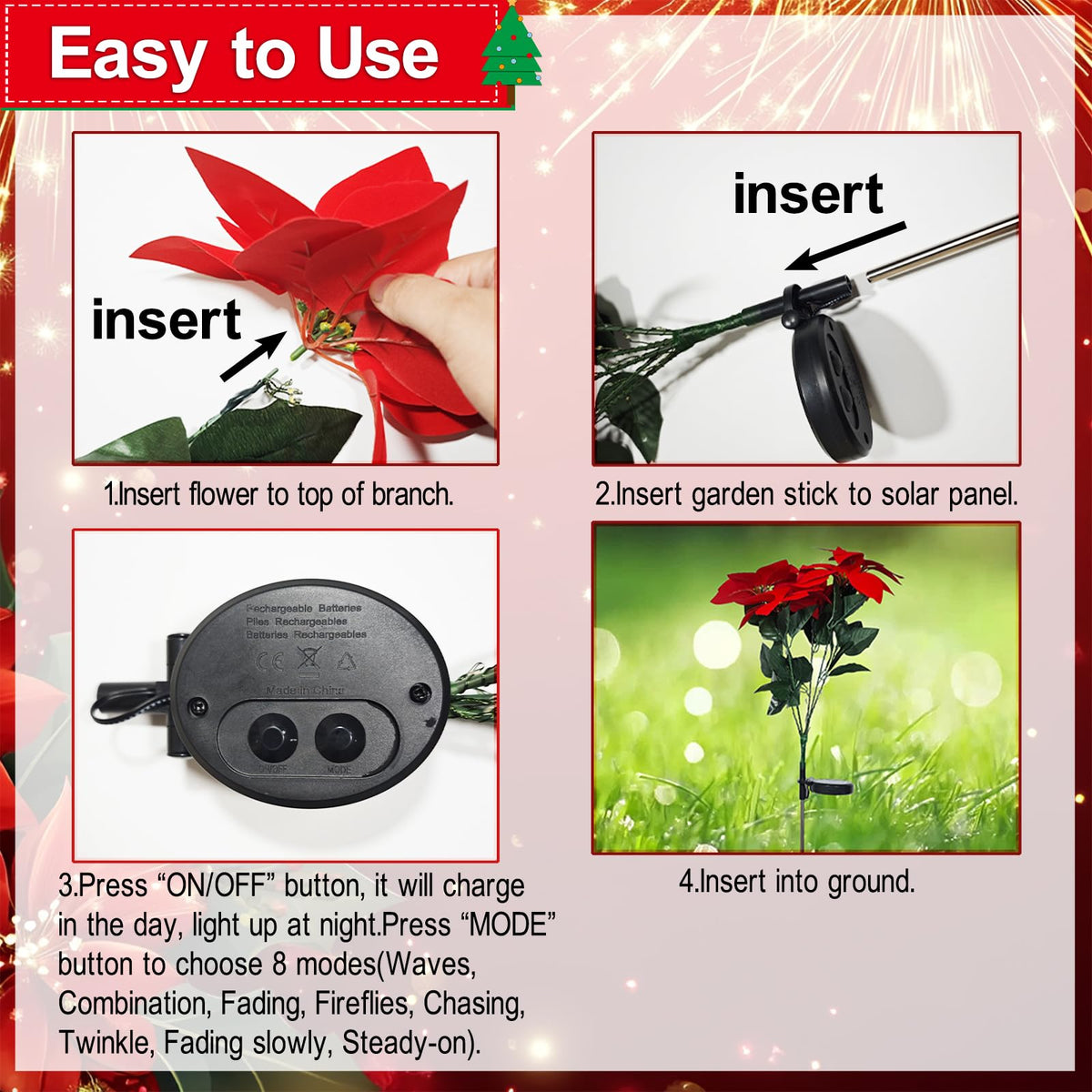 Solar Poinsettia Christmas Lights – 5-Bloom Outdoor Garden Stakes