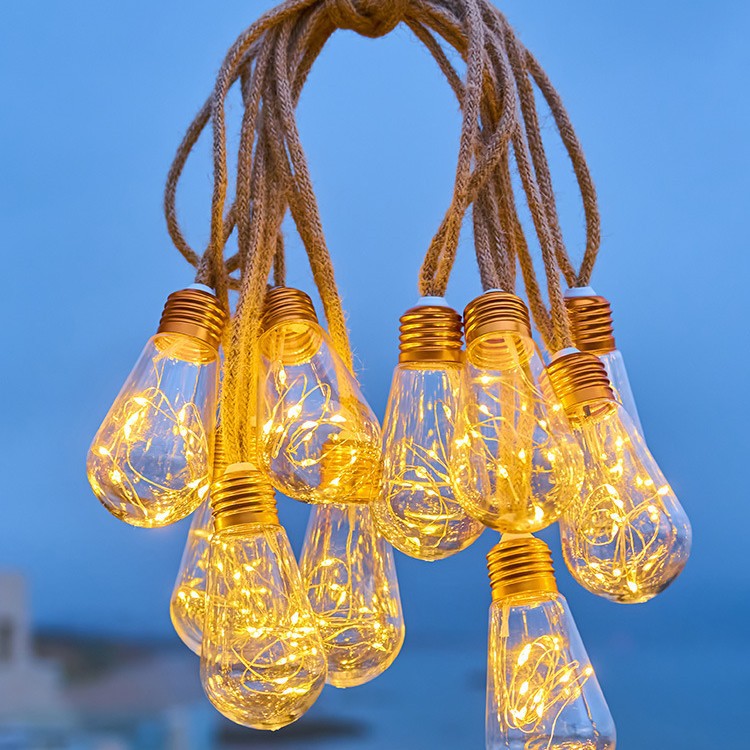 Solar Edison Bulb String Lights – 5M 10 LED Warm White Hanging Lights, Vintage Jute Rope Outdoor Garden Decor