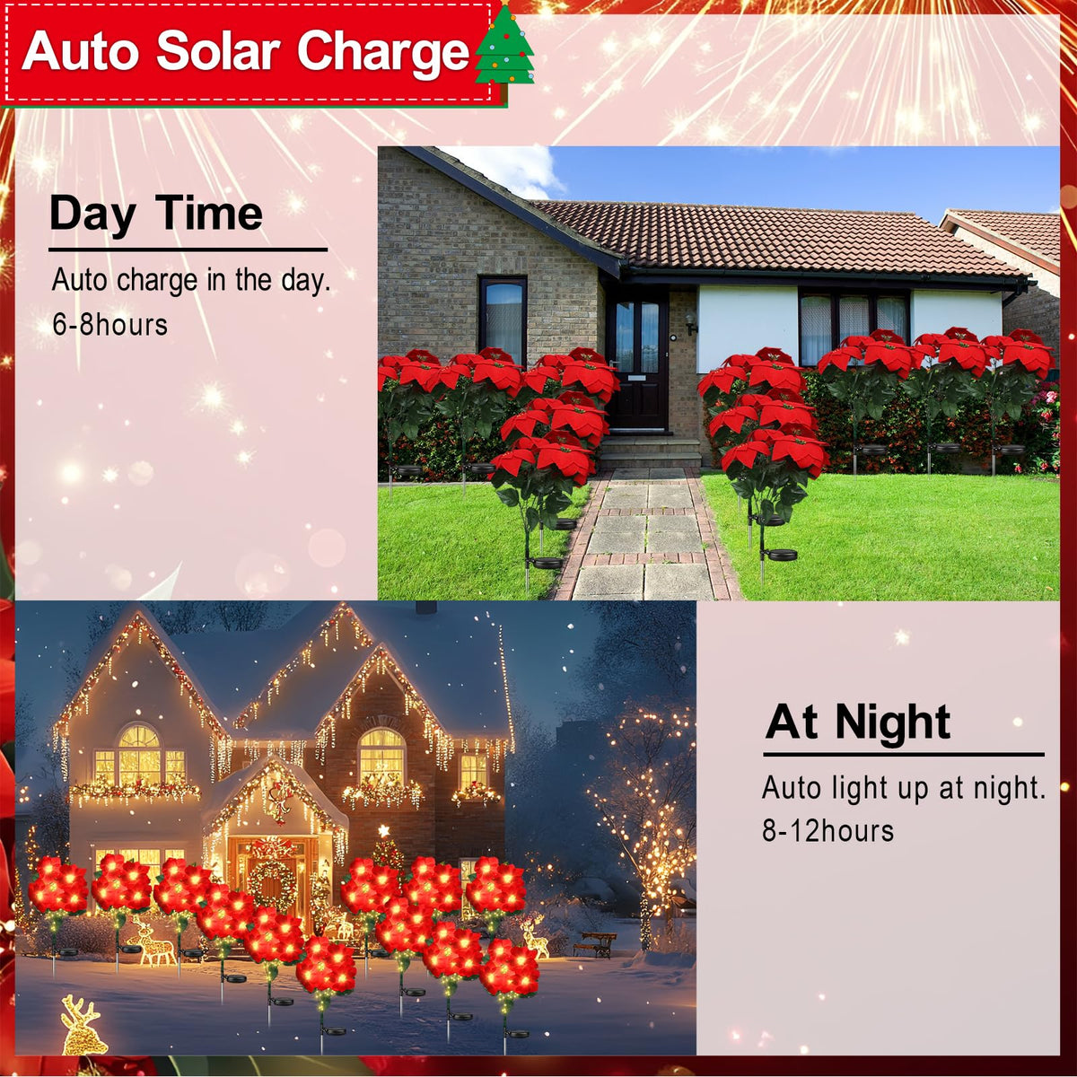 Solar Poinsettia Christmas Lights – 5-Bloom Outdoor Garden Stakes