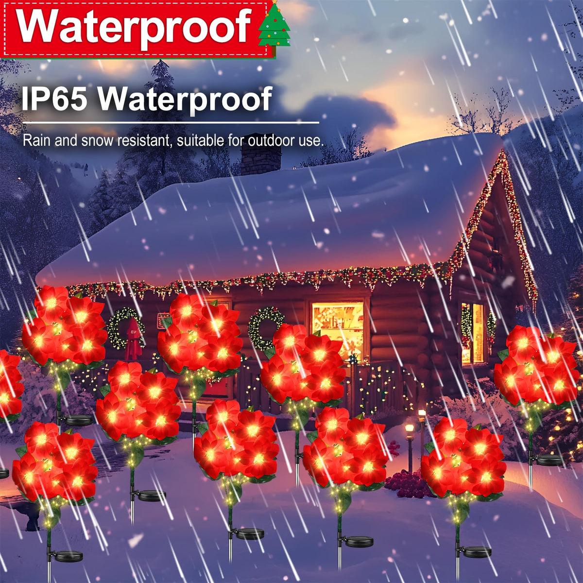 Solar Poinsettia Christmas Lights – 5-Bloom Outdoor Garden Stakes