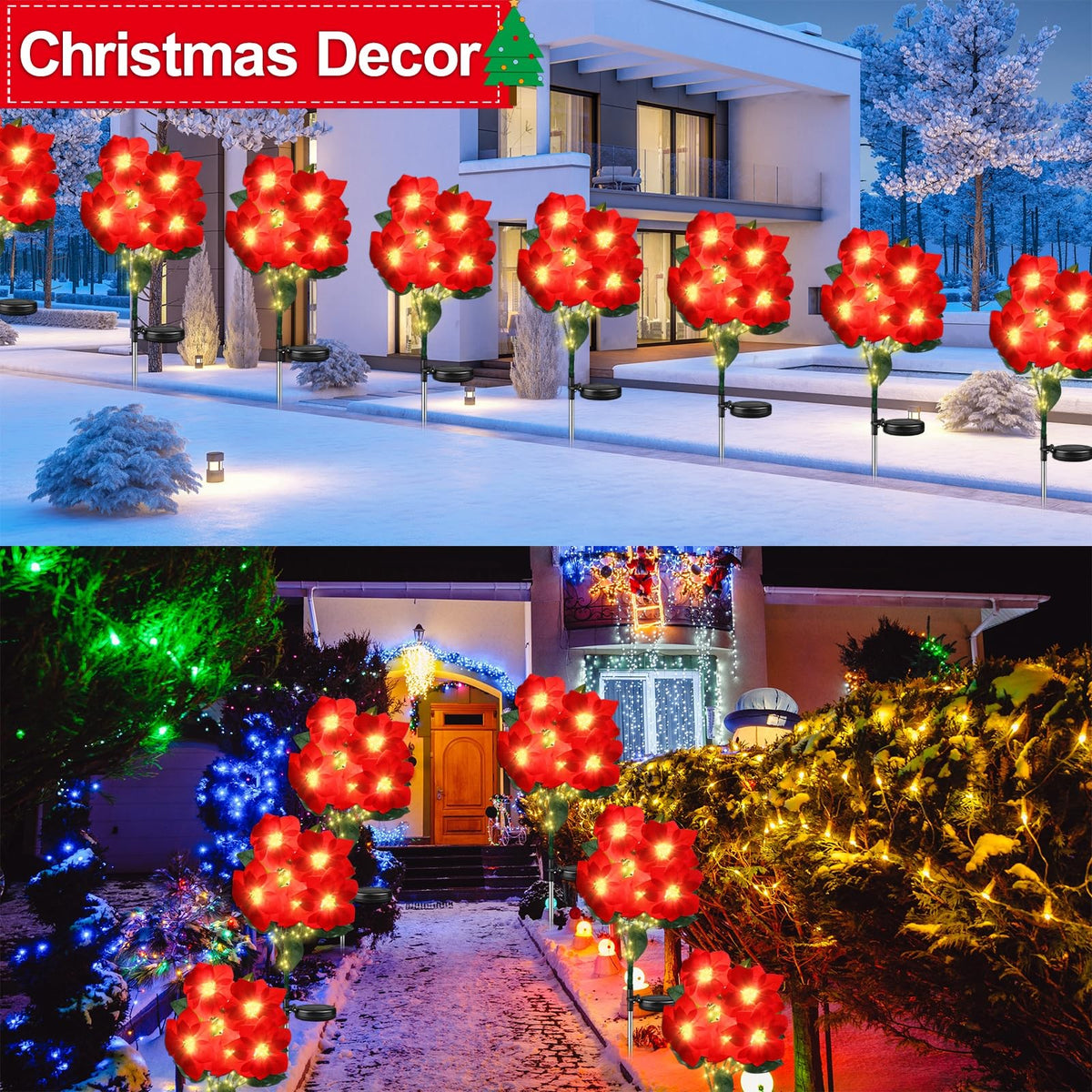 Solar Poinsettia Christmas Lights – 5-Bloom Outdoor Garden Stakes
