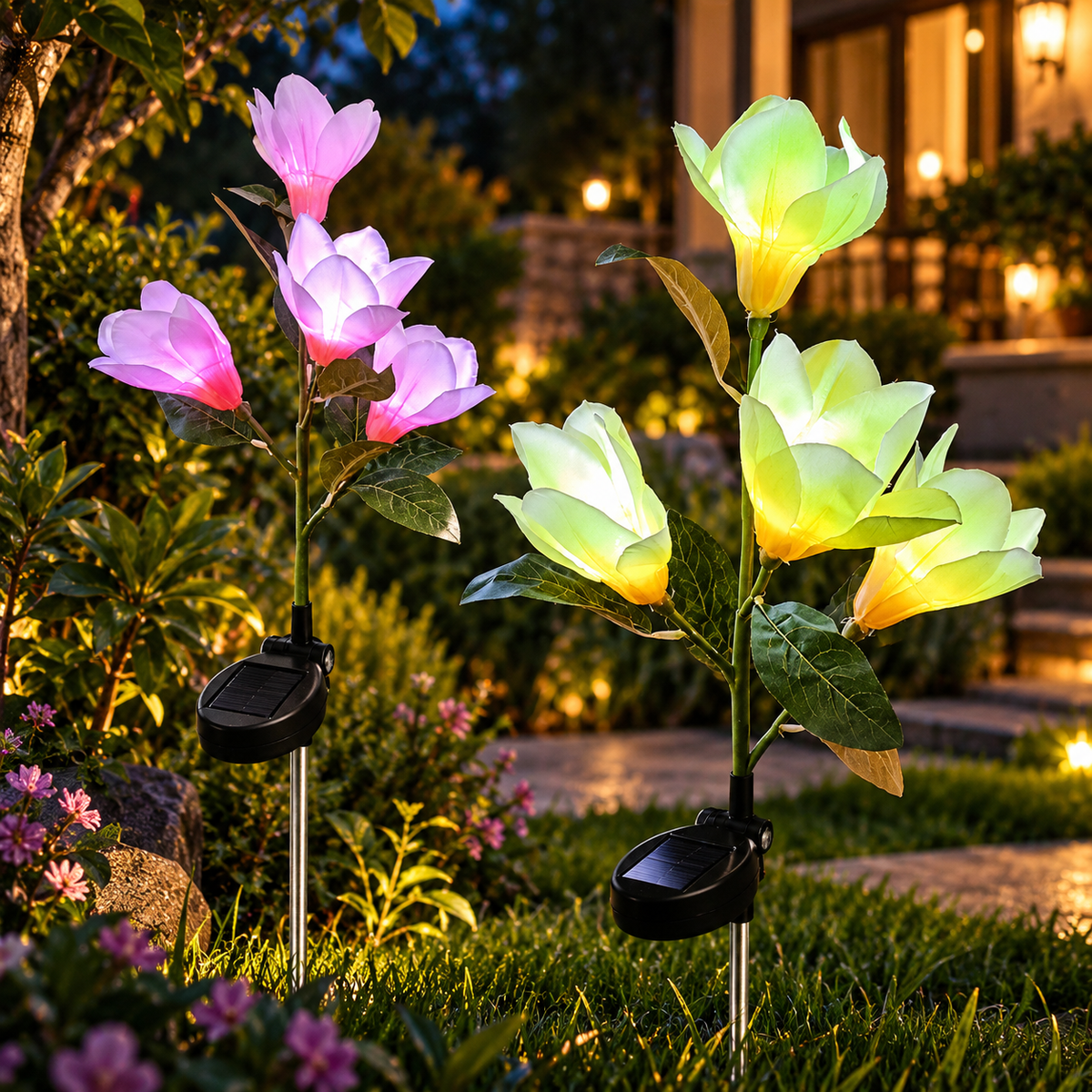 Solar Magnolia Garden Lights – 4-Bloom Outdoor Flower Stake Lights