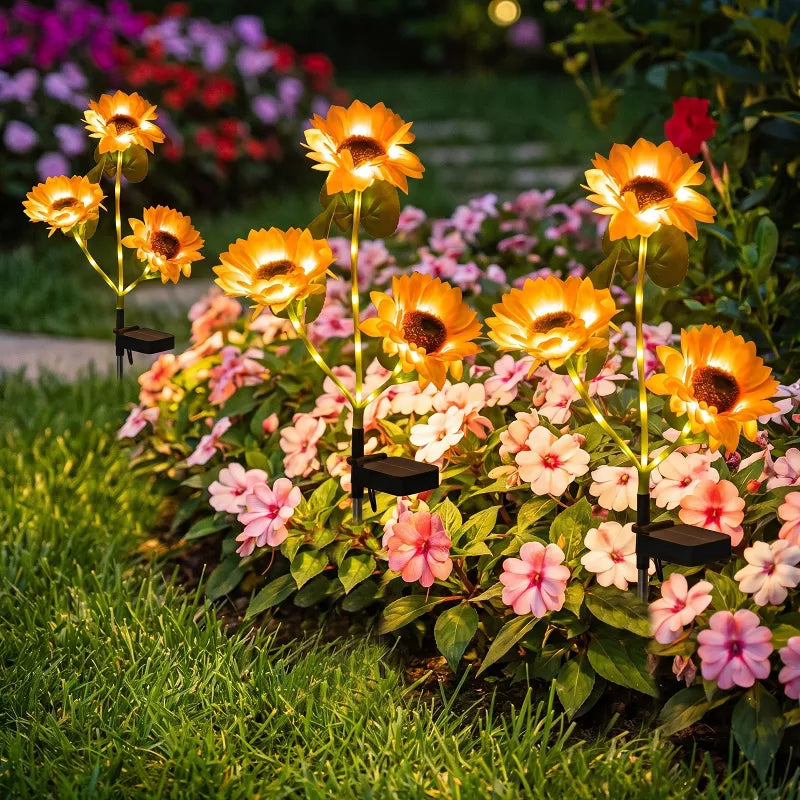 Solar Sunflower Garden Lights – 3-Head Outdoor Flower Stake Lights