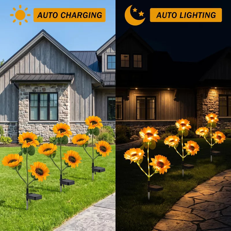 Solar Sunflower Garden Lights – 3-Head Outdoor Flower Stake Lights