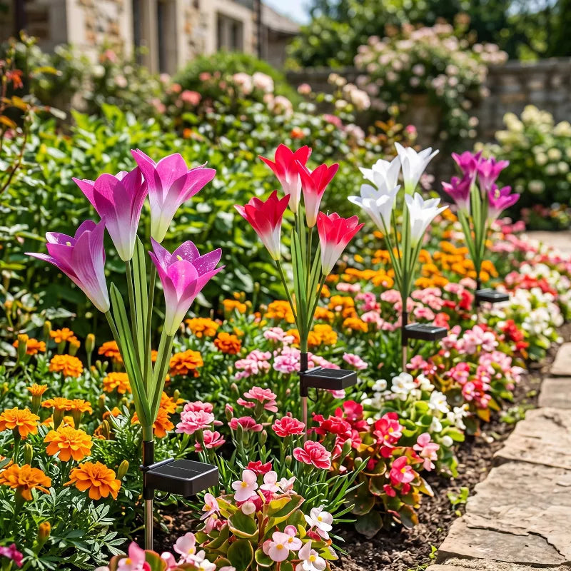 Solar Colorful Lily Garden Lights – 4-Head Outdoor Flower Stake Lights