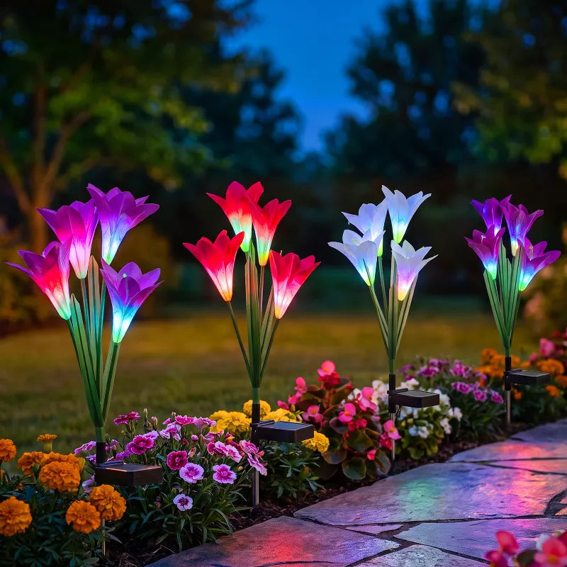 Solar Colorful Lily Garden Lights – 4-Head Outdoor Flower Stake Lights