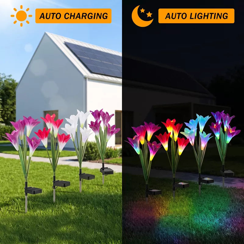 Solar Colorful Lily Garden Lights – 4-Head Outdoor Flower Stake Lights