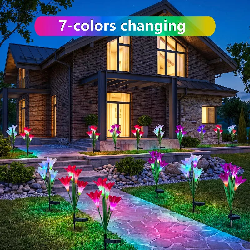 Solar Colorful Lily Garden Lights – 4-Head Outdoor Flower Stake Lights