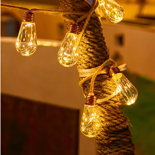 Solar Edison Bulb String Lights – 5M 10 LED Warm White Hanging Lights, Vintage Jute Rope Outdoor Garden Decor